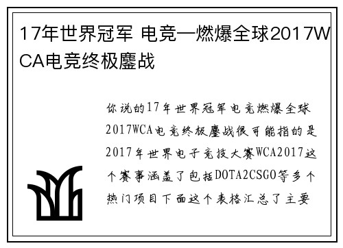 17年世界冠军 电竞—燃爆全球2017WCA电竞终极鏖战
