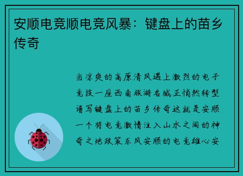 安顺电竞顺电竞风暴：键盘上的苗乡传奇